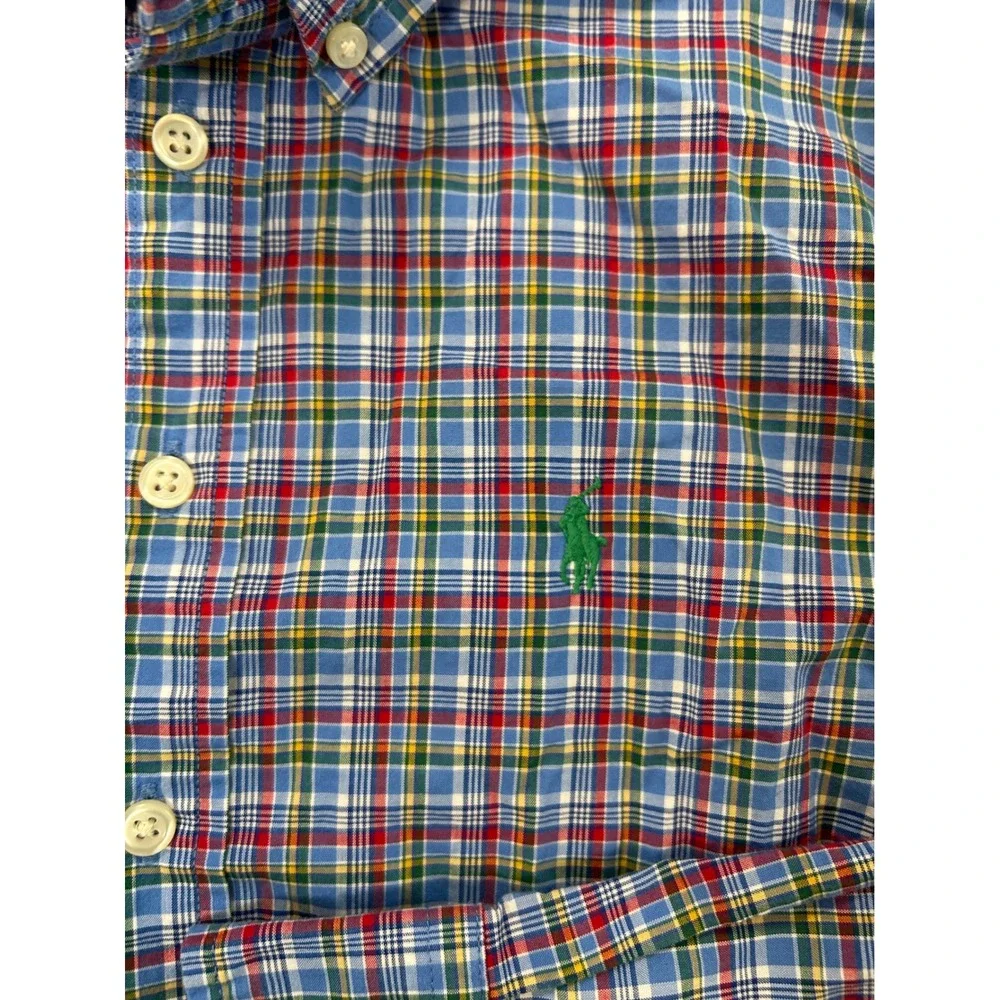 Ralph Lauren Button Down Boys M 10-12 Blue Plaid Stretch Long Sleeve Shirt